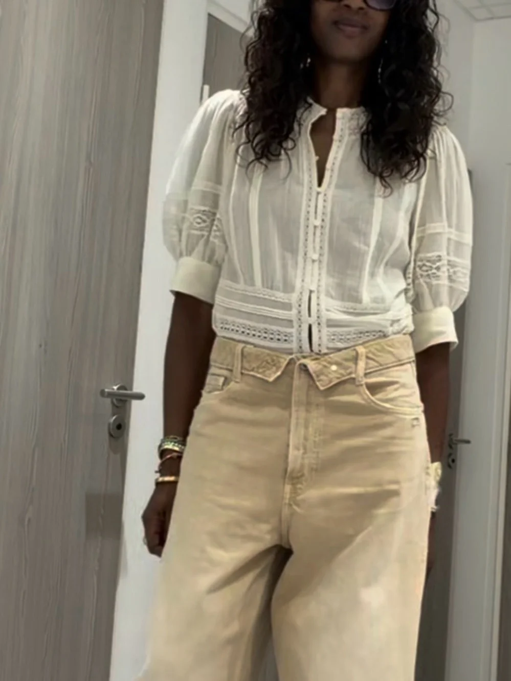 🔥🔥Zara Zw collection Cream Lace-Trim Puff Sleeve Blouse